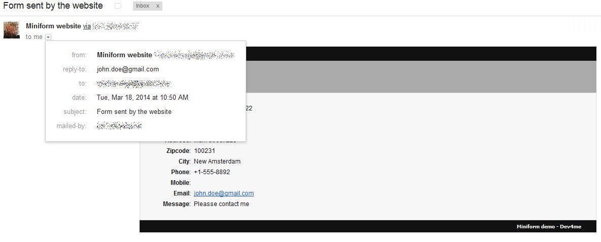 Example of a received message in Gmail